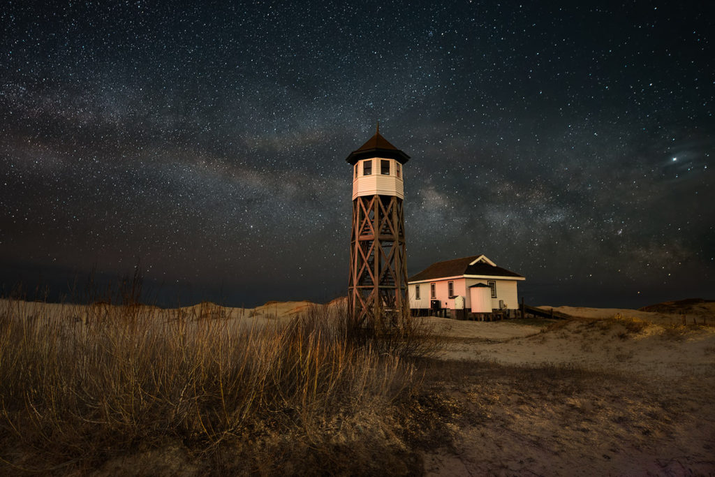 Milky Way over Wash Woods Coast Guard Tower and Boat House, Outer Banks, NC