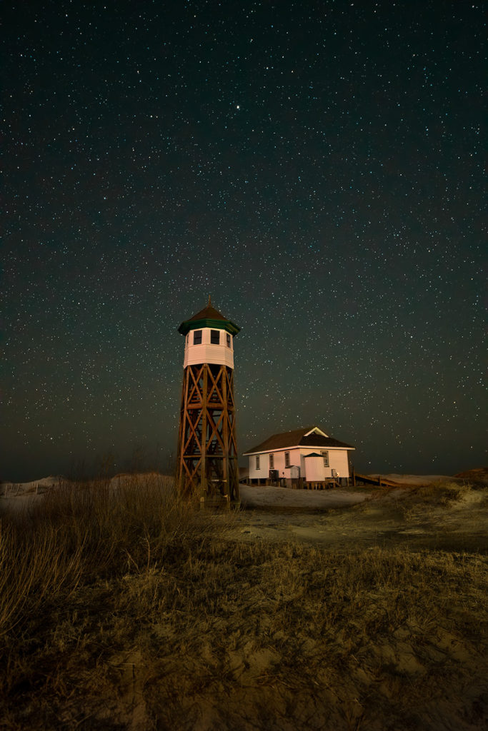 Stars over Wash Woods Coast Guard Tower and Boat House, Outer Banks, C